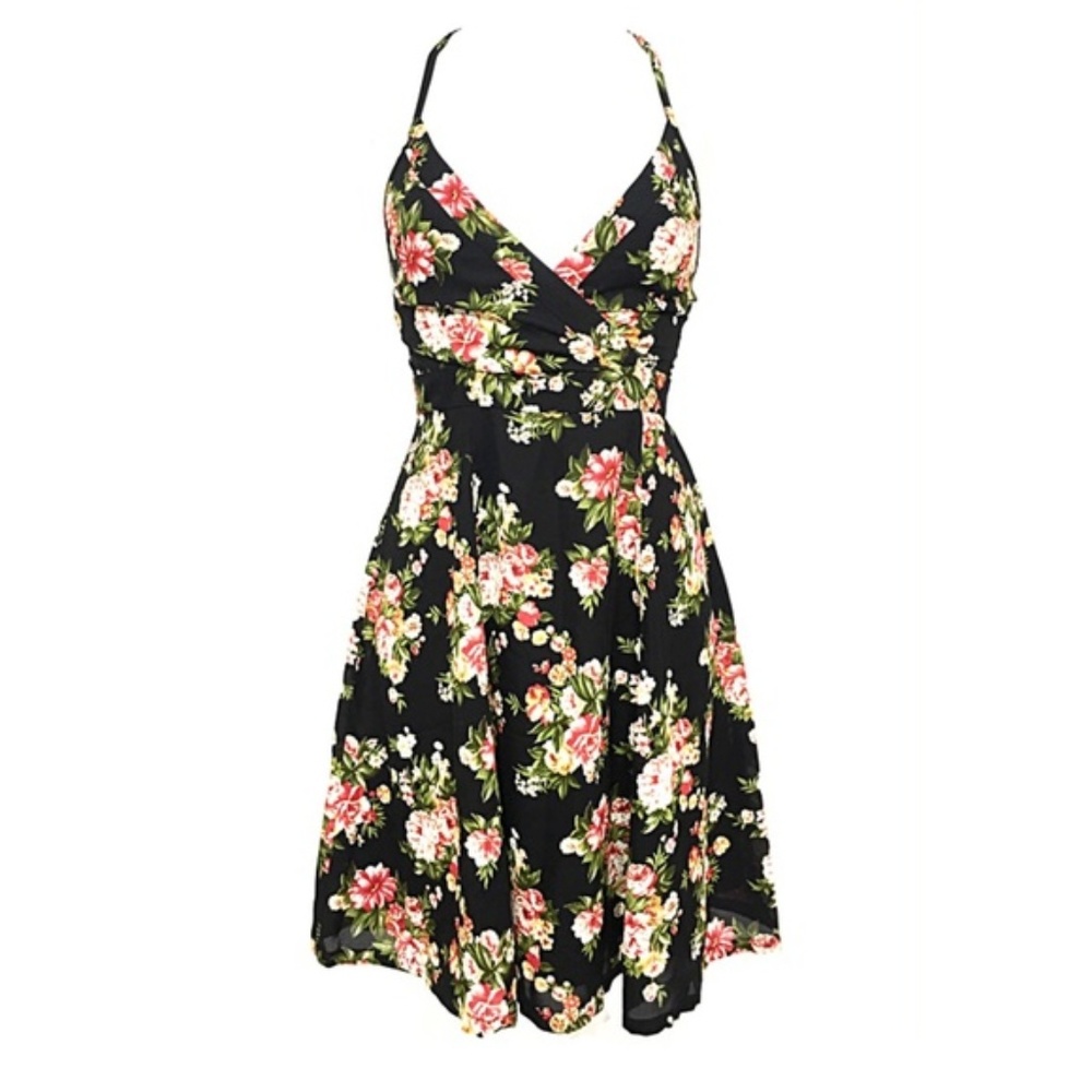 Lace Up Open Back Floral A Line Dress - Juniors S